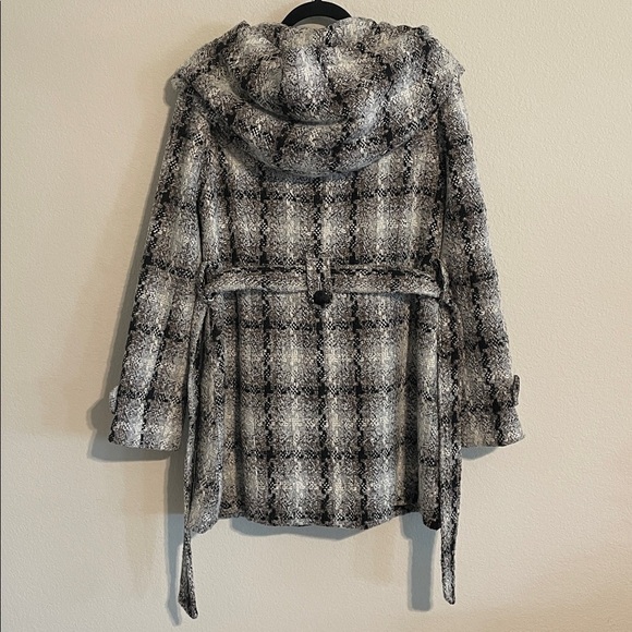 BKE Women Black and White Hooded Checkered Tweed Belted Pea Coat LRG Y2K Preppy - Picture 2 of 16
